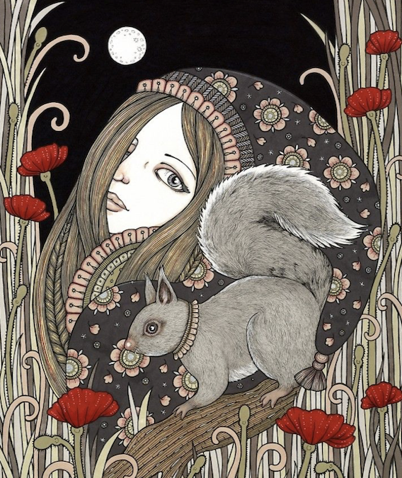 A gentle woman covered in coloured cloak in the forest with a squirrel near her, during the moon light.